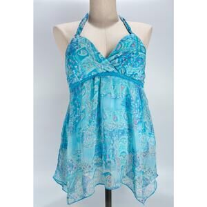 Jordache Babydoll Halter Top Large Festival Paisley Boho Y2K Fairy Forest Mesh